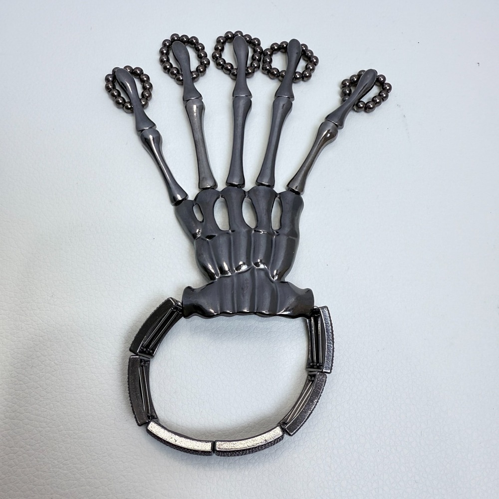 Gothic‎ Skeleton Hand Bracelet w/ Finger Rings Gunmetal Stretch Punk Emo Cosplay